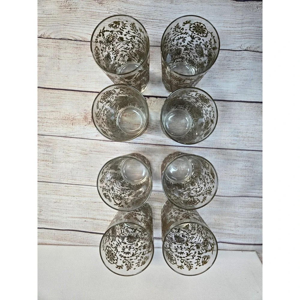 Mid Century Raised Painted Gold Floral‎ 8 Glass Water Bar Cups Vintage